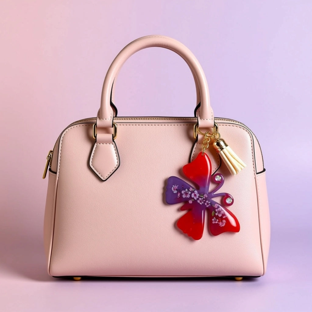 Portachiavi farfalla Alyra in resina agganciato a borsa rosa – idea regalo handmade