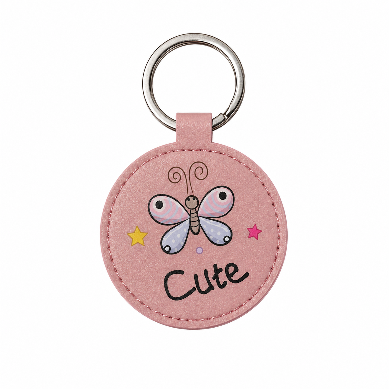 Portachiavi rotondo in similpelle rosa con farfalla e scritta Cute