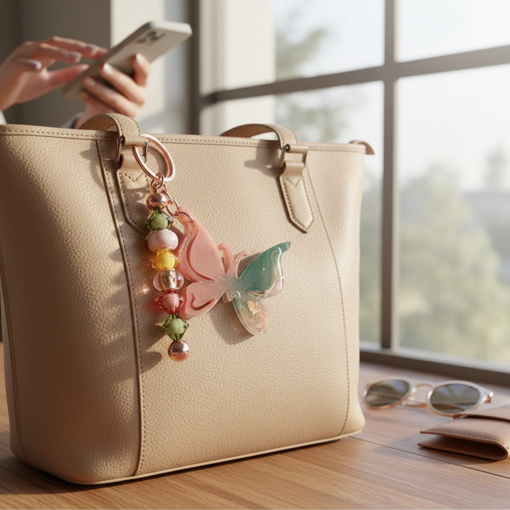 Portachiavi Lunèa Bosco fatto a mano, farfalla in resina verde e beige con ciondolo di perline colorate, appeso a borsa beige