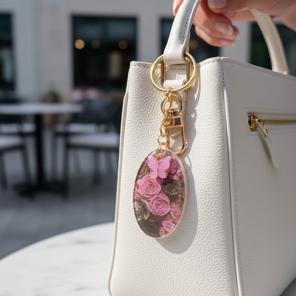 Portachiavi Volo di Rose in resina fatto a mano, ciondolo ovale con rose rosa e farfalla, appeso a borsa bianca