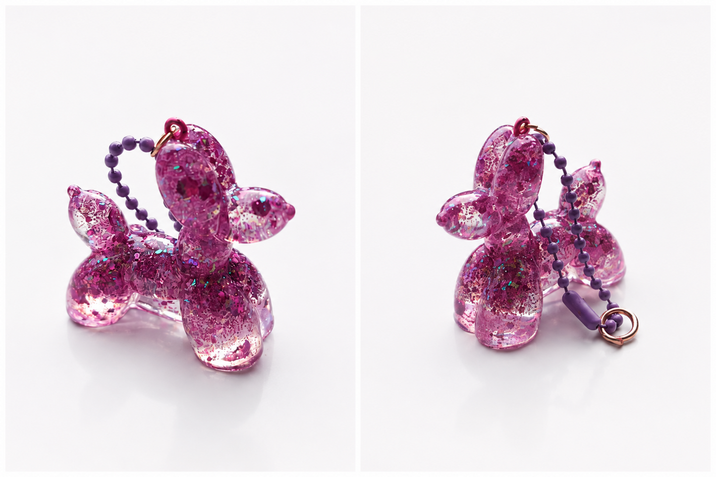 Balloon Dog artigianale in resina Viola glitterato, realizzato a mano da Maniko Creations. Disponibile come ciondolo con catenella o come piccola decorazione.