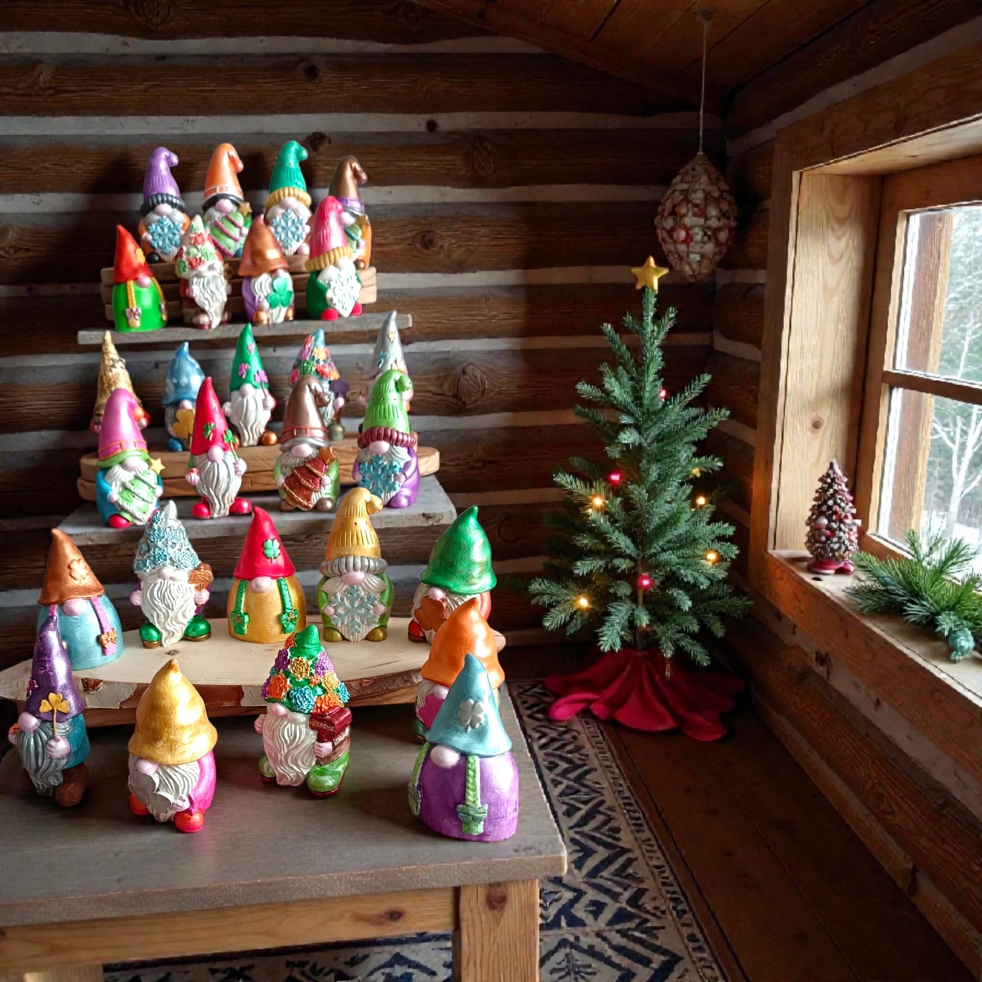 Collezione gnomi natalizi artigianali in gesso con finiture metalliche