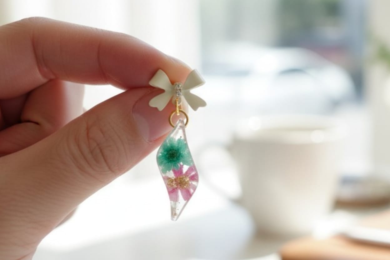 Dettaglio orecchini artigianali Bloom Garden con fiori naturali incapsulati in resina