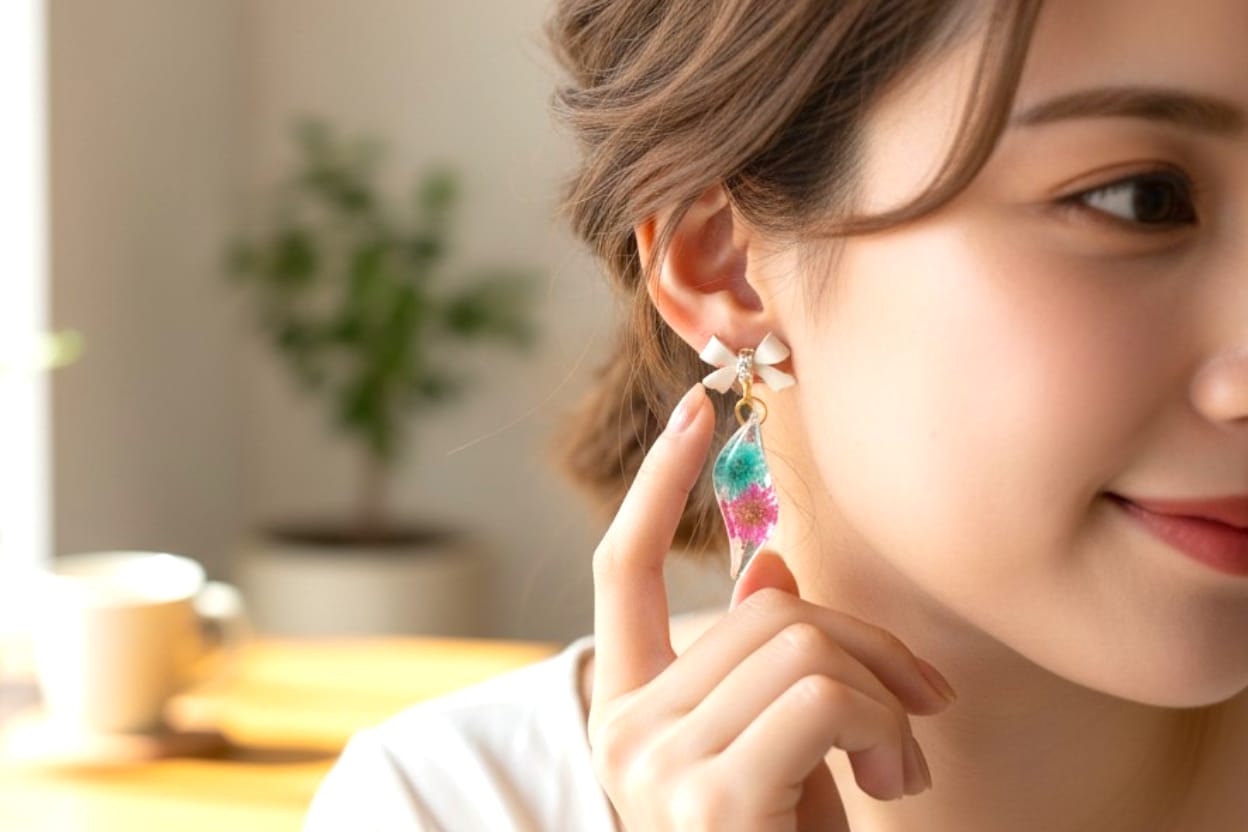 Orecchini Bloom Garden indossati - design primaverile con fiori essiccati