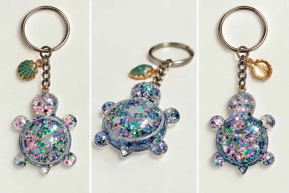 Portachiavi tartaruga marina BLU-2 in resina trasparente con flakes iridescenti multicolore e charm conchiglia