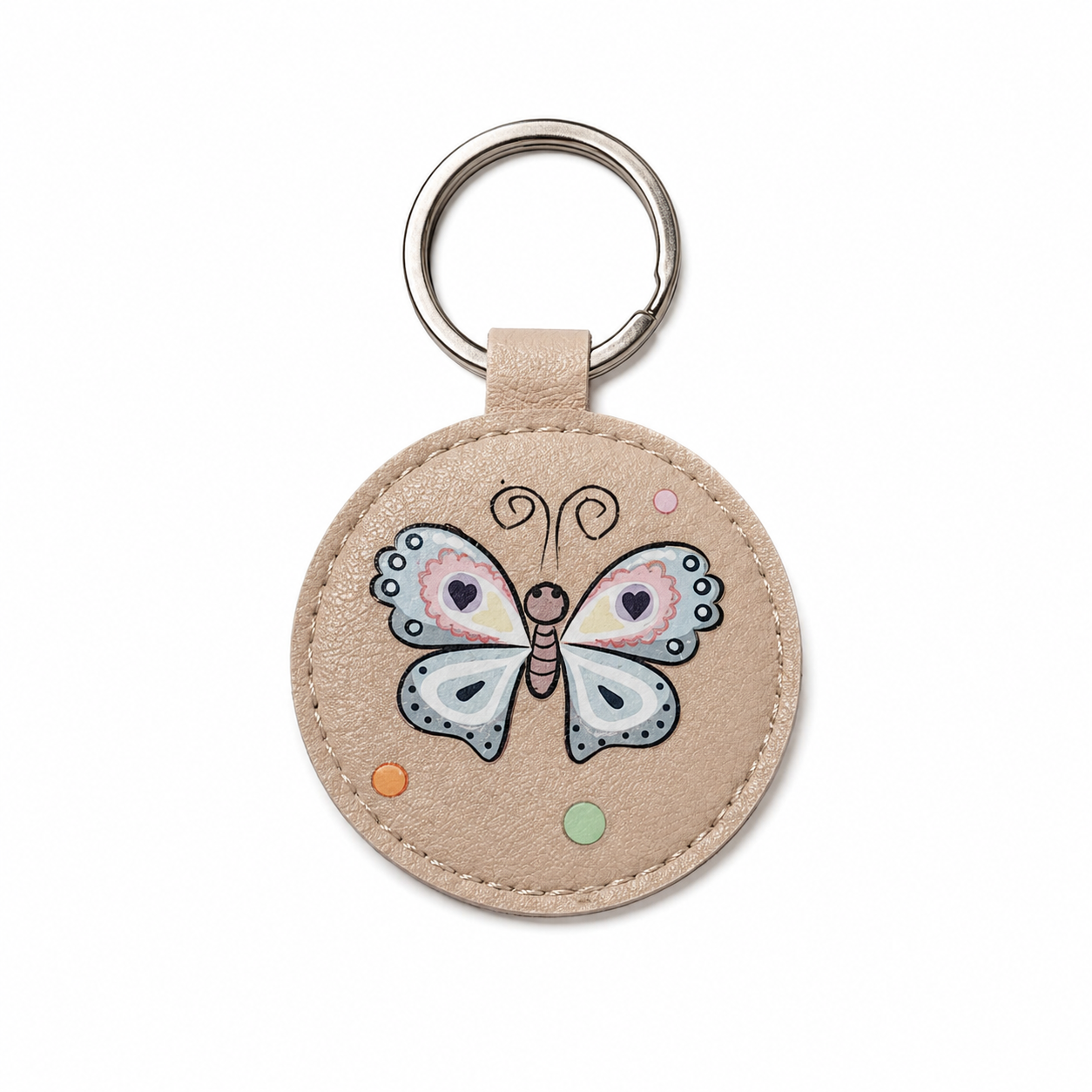 Portachiavi rotondo in similpelle beige con farfalla decorativa PF1