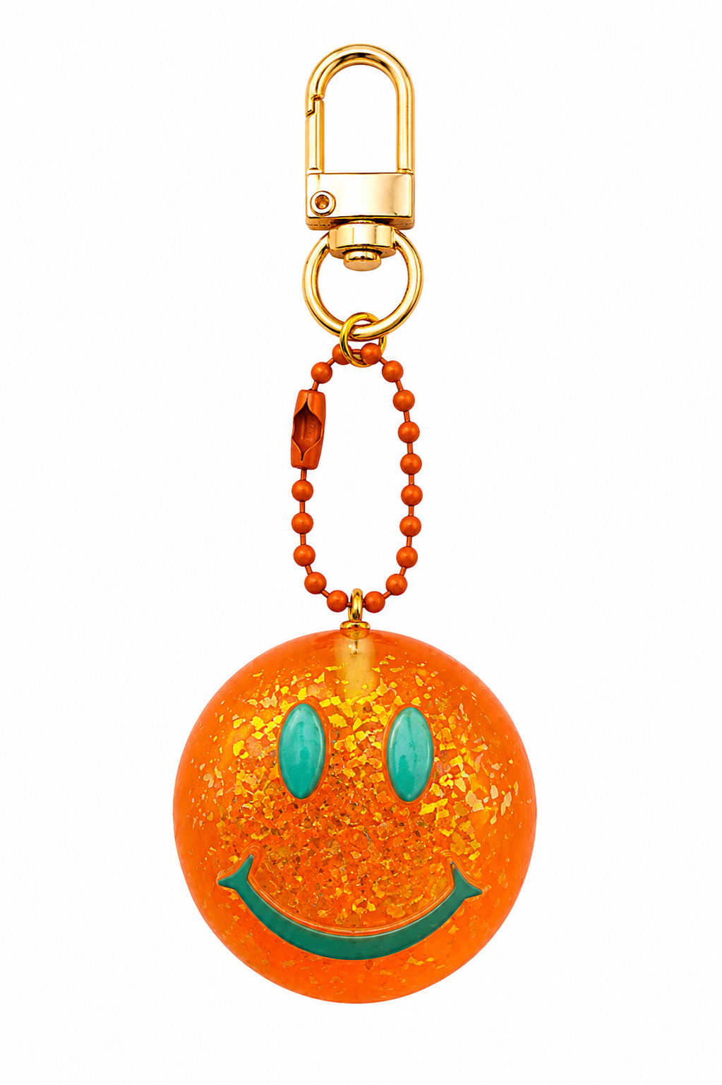 Portachiavi Smile arancione fatto a mano in resina con dettagli iridescenti e catenella a pallini.