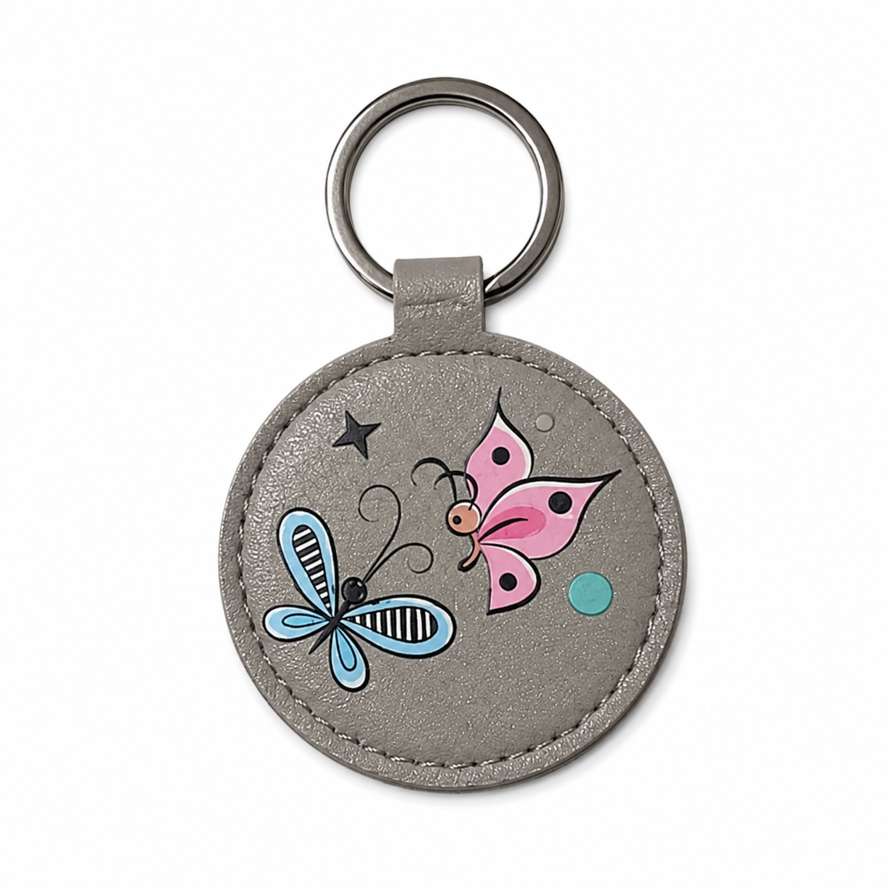 Portachiavi rotondo in similpelle grigio  con farfalle rosa e azzurra