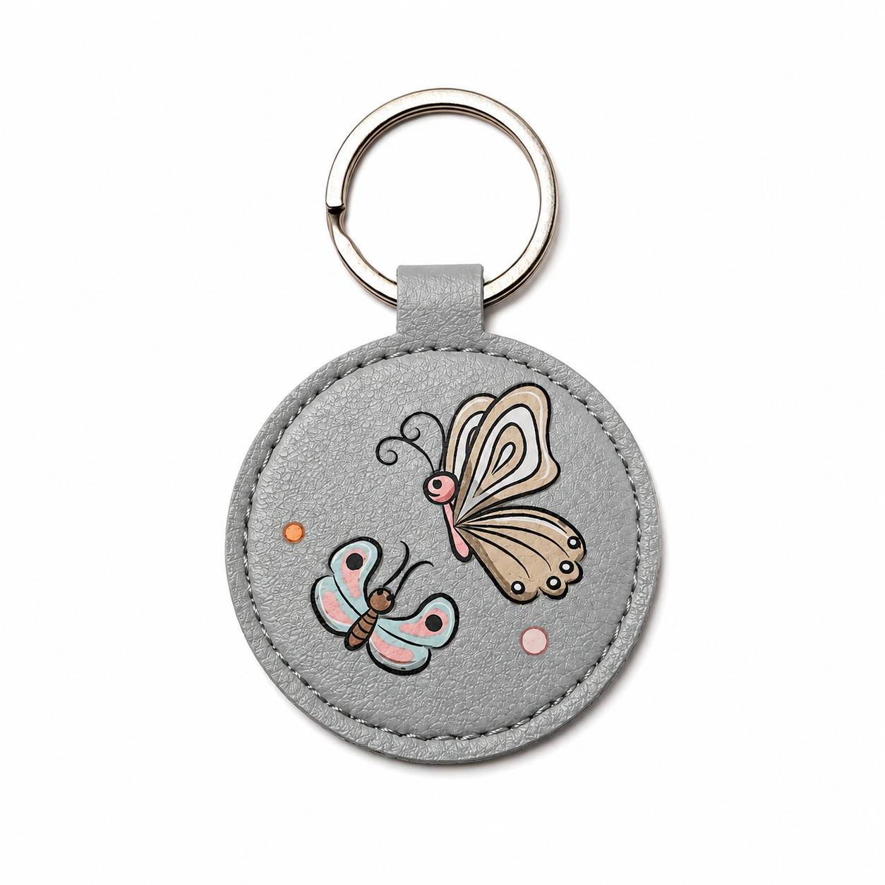 Portachiavi rotondo in similpelle grigio chiaro con farfalle beige e celeste