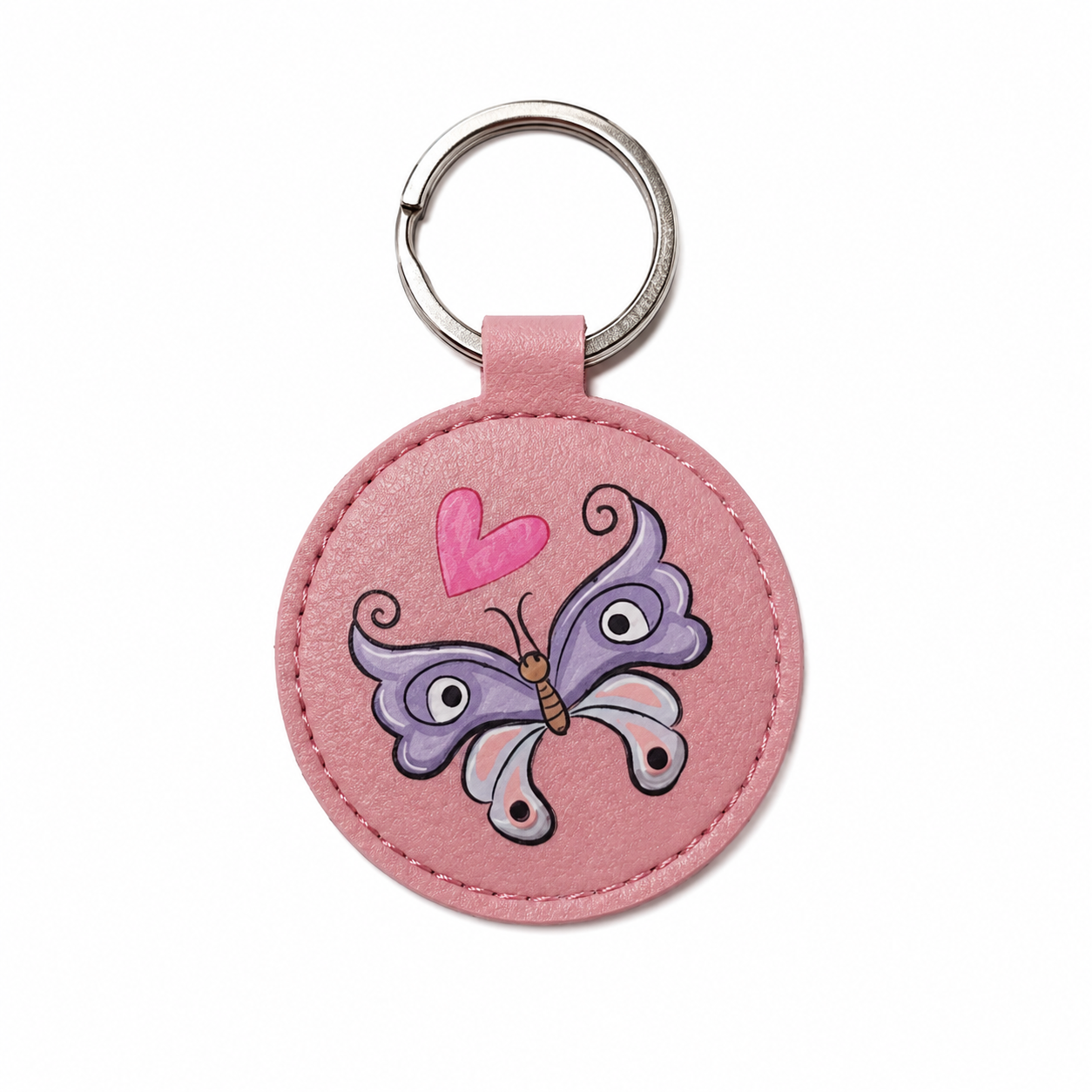 Portachiavi rotondo in similpelle rosa con farfalla viola e cuore rosa