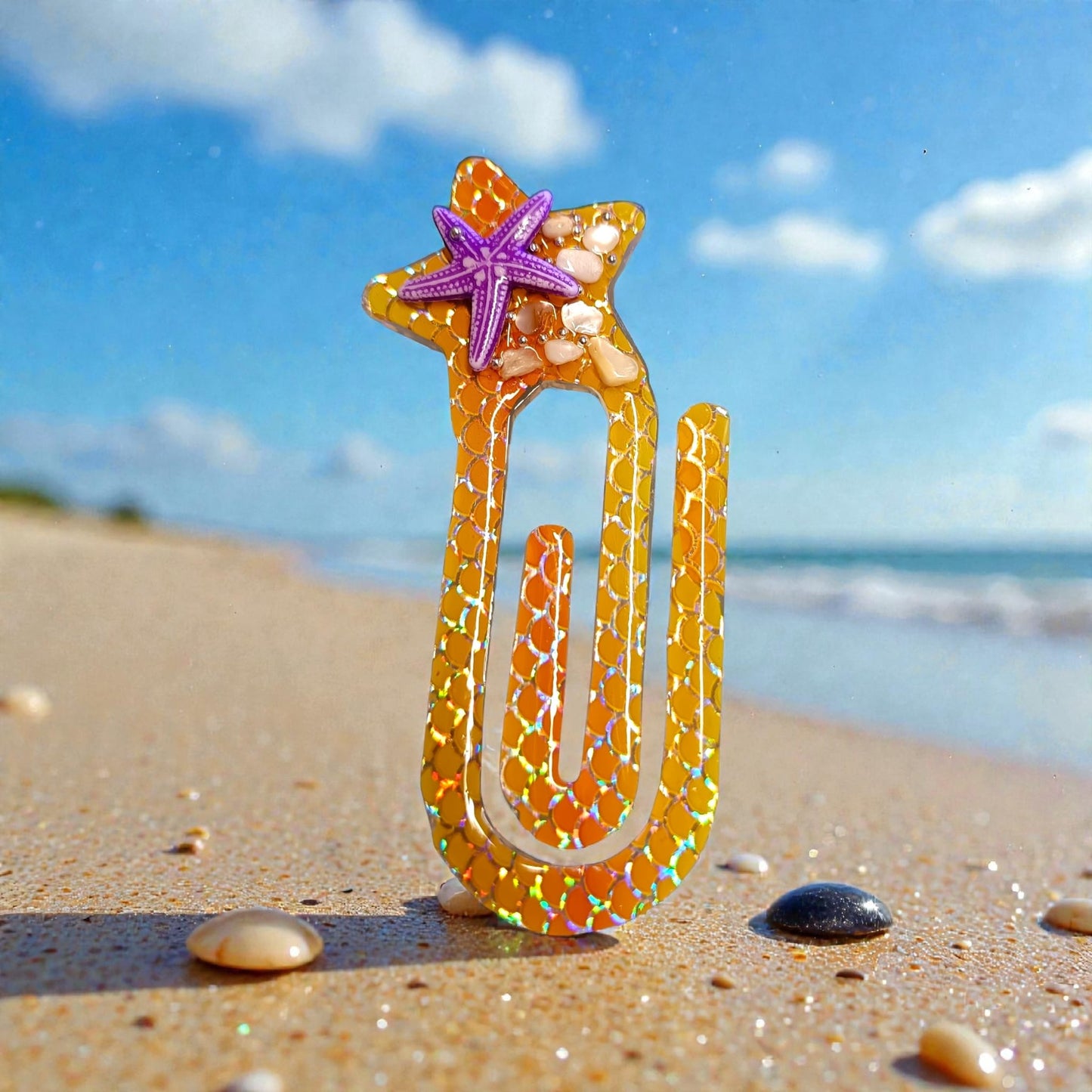 Segnalibro in resina arancione con effetto olografico su sabbia di mare - MANIKOCREATIONS