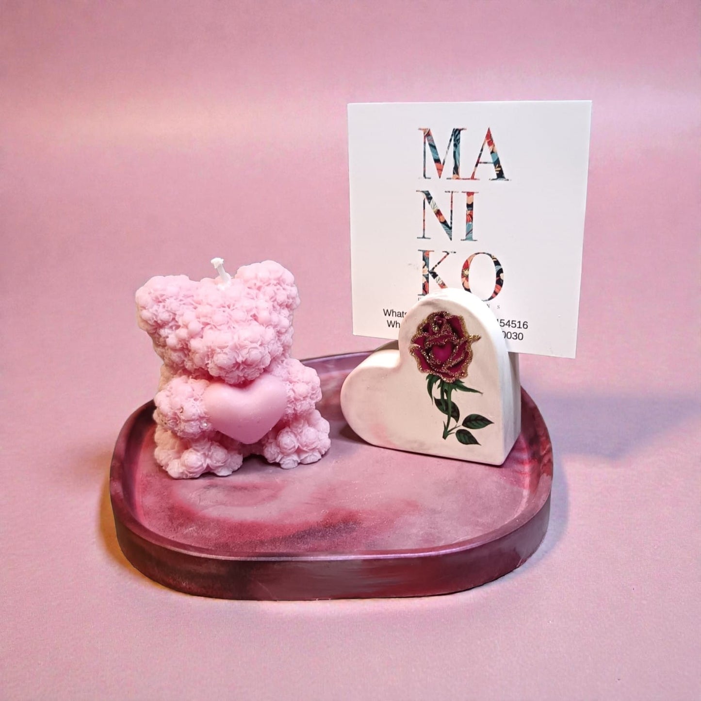 Vassoio rosa con cuore  portafoto e orsetto in cera - set regalo handmade"